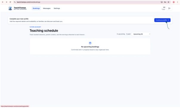 Tutor bookings page with the Continue profile action highlighted