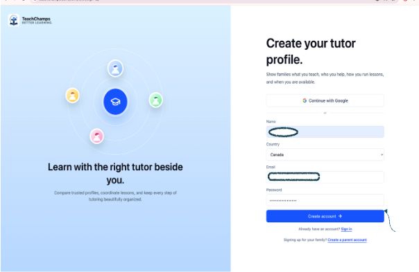 Teach Champs tutor account creation form