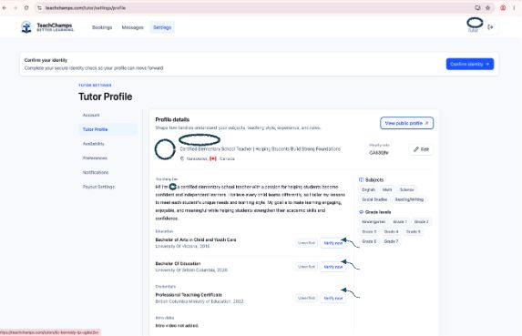 Tutor profile showing education and credential verification actions