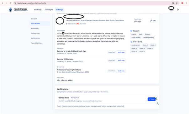 Tutor profile with the Start identity check action highlighted