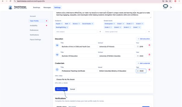 Tutor profile settings with subjects, grades, education, and credentials