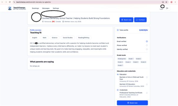 Completed Teach Champs public tutor profile