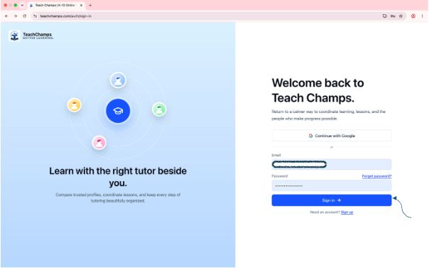 Teach Champs sign-in page for a returning tutor