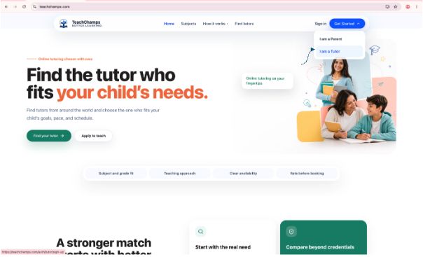 Teach Champs homepage with the tutor option open in the Get Started menu