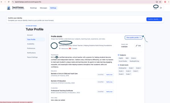 Tutor profile settings with the View public profile action highlighted