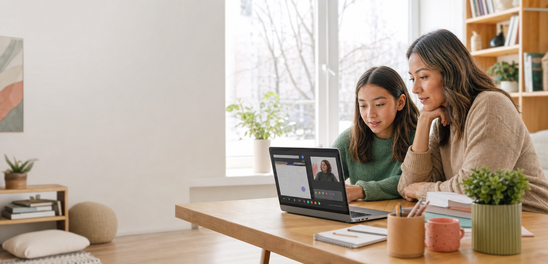 Parent and child joining an online tutoring session at home