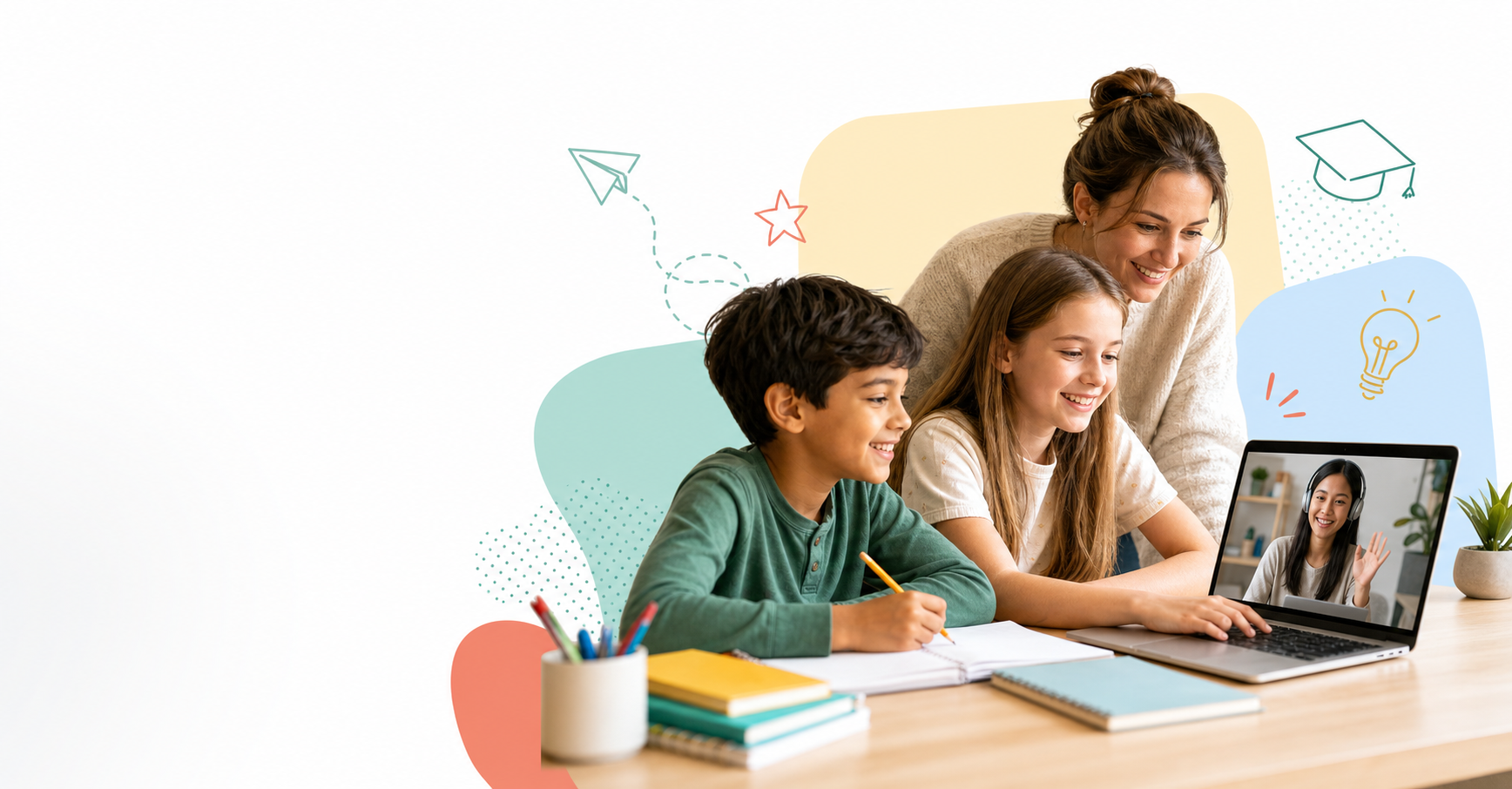 Parent and two children joining an online tutoring lesson