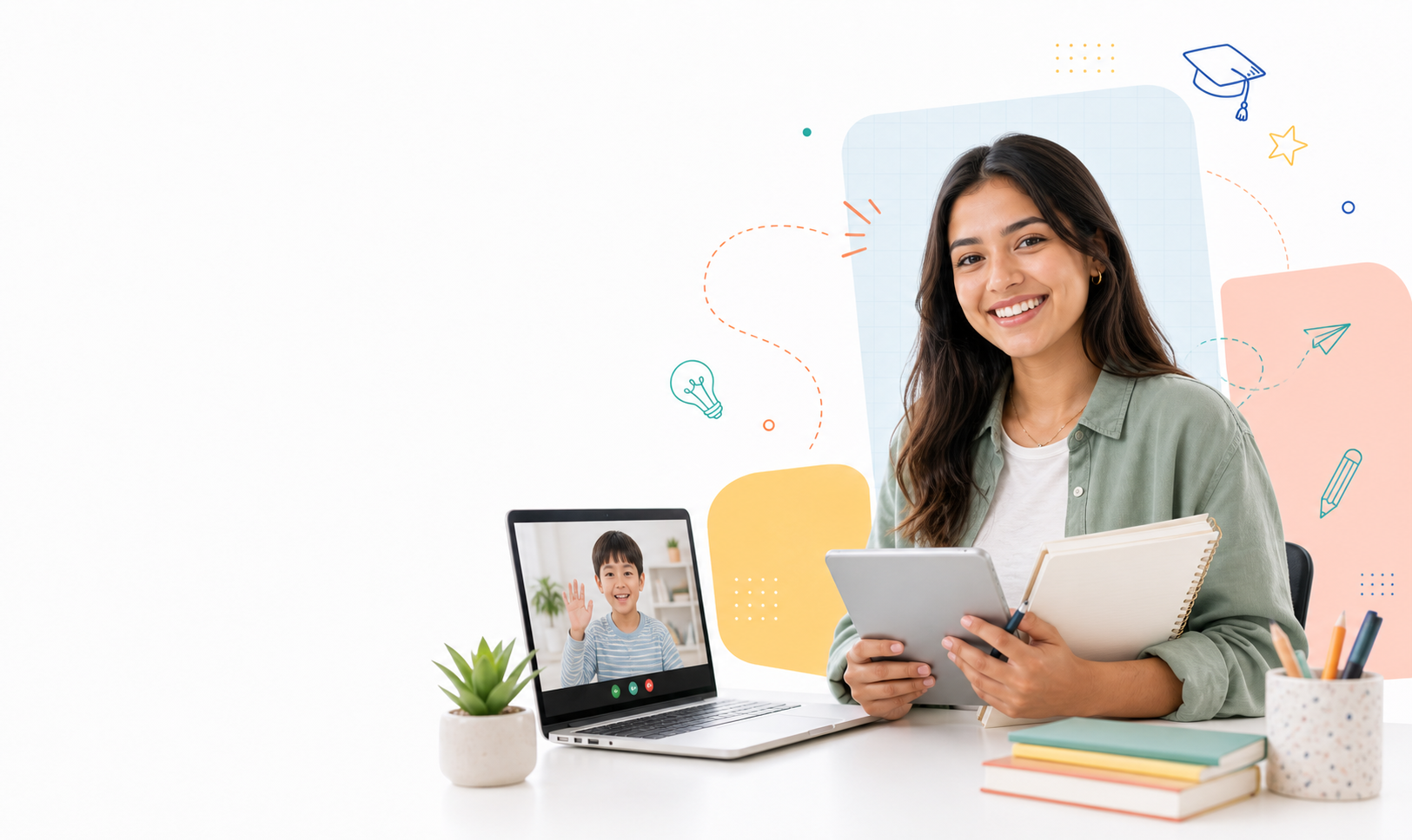 Online tutor with lesson materials and a student video call
